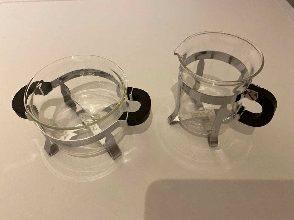 Bodum suikerpot/schaaltje en melkkannetje - 2 stuks, Zilver, Bodum, Ophalen of Verzenden, Zo goed als nieuw