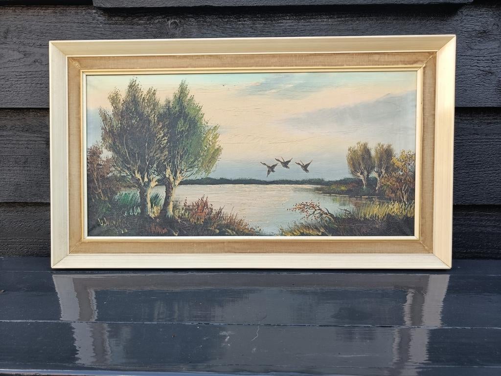Prachtig schilderij van opvliegende eenden in de Biesbosch., Ophalen of Verzenden