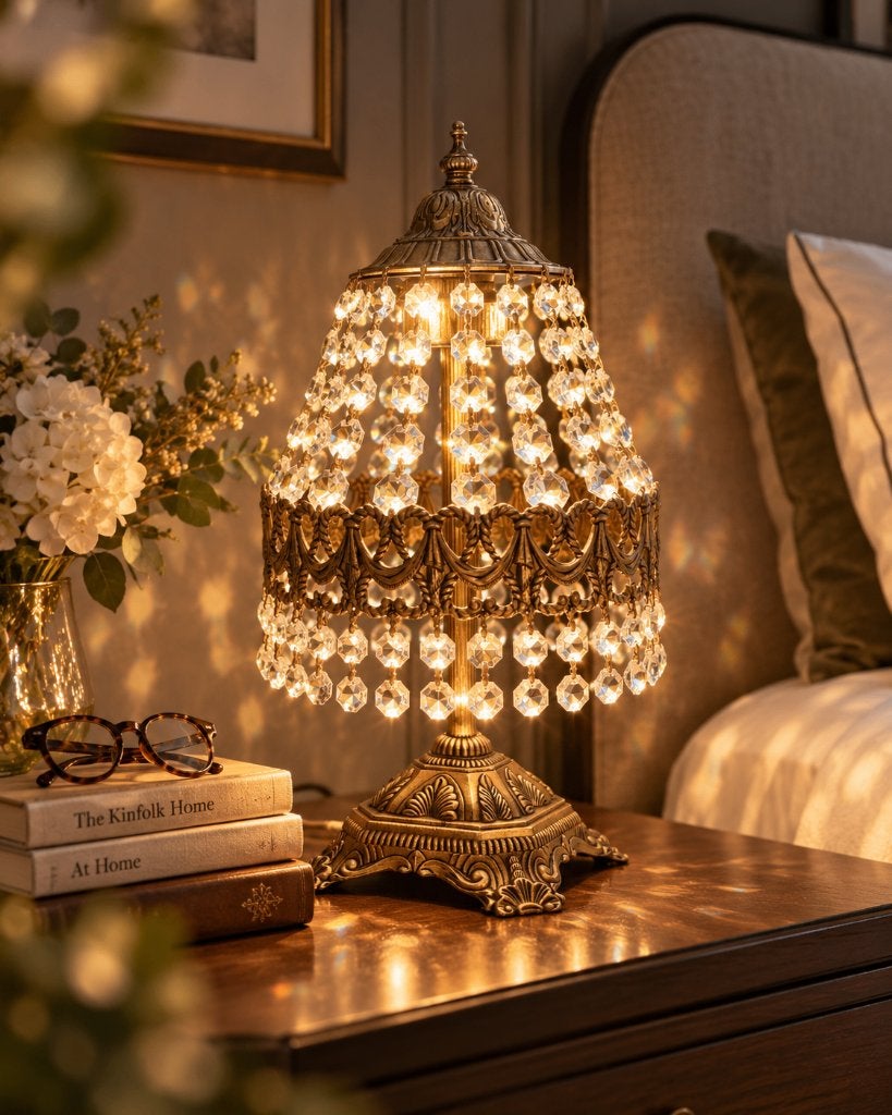 vintage tafellamp met een bronzen voet en kristallen kap, Ophalen of Verzenden, Zo goed als nieuw, Vintage