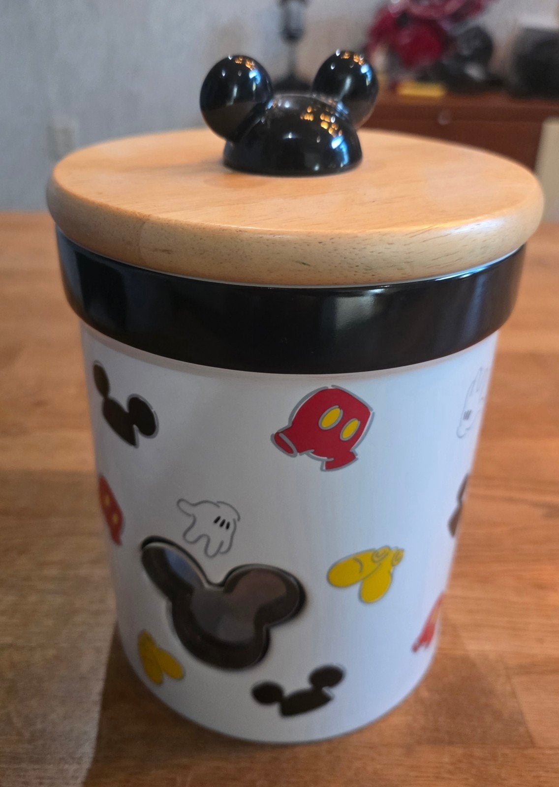 Disney Mickey Mouse voorraadpot met houten deksel, Verzamelen, Ophalen of Verzenden, Mickey Mouse, Gebruikt, Servies