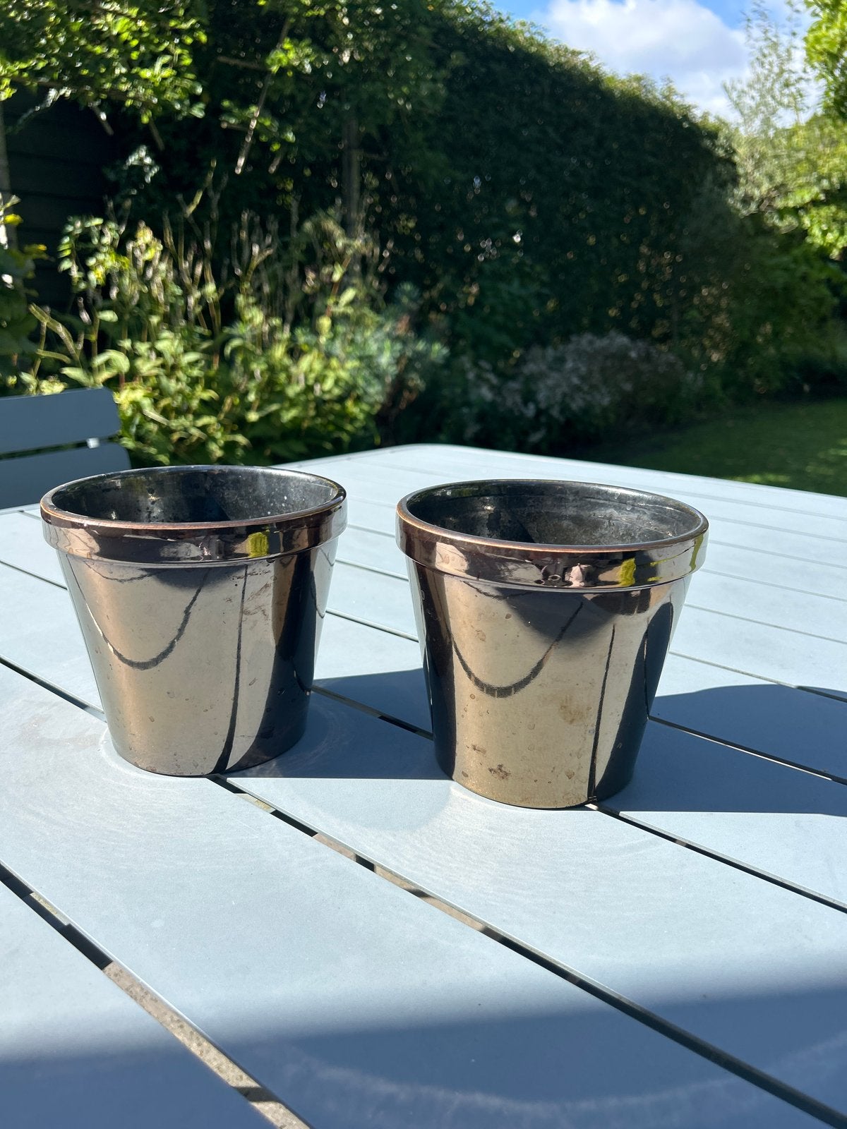 Set van 2 glanzende bloempotten voor binnen of buiten, Tuin en Terras, Ophalen, Gebruikt, Rond, Binnen