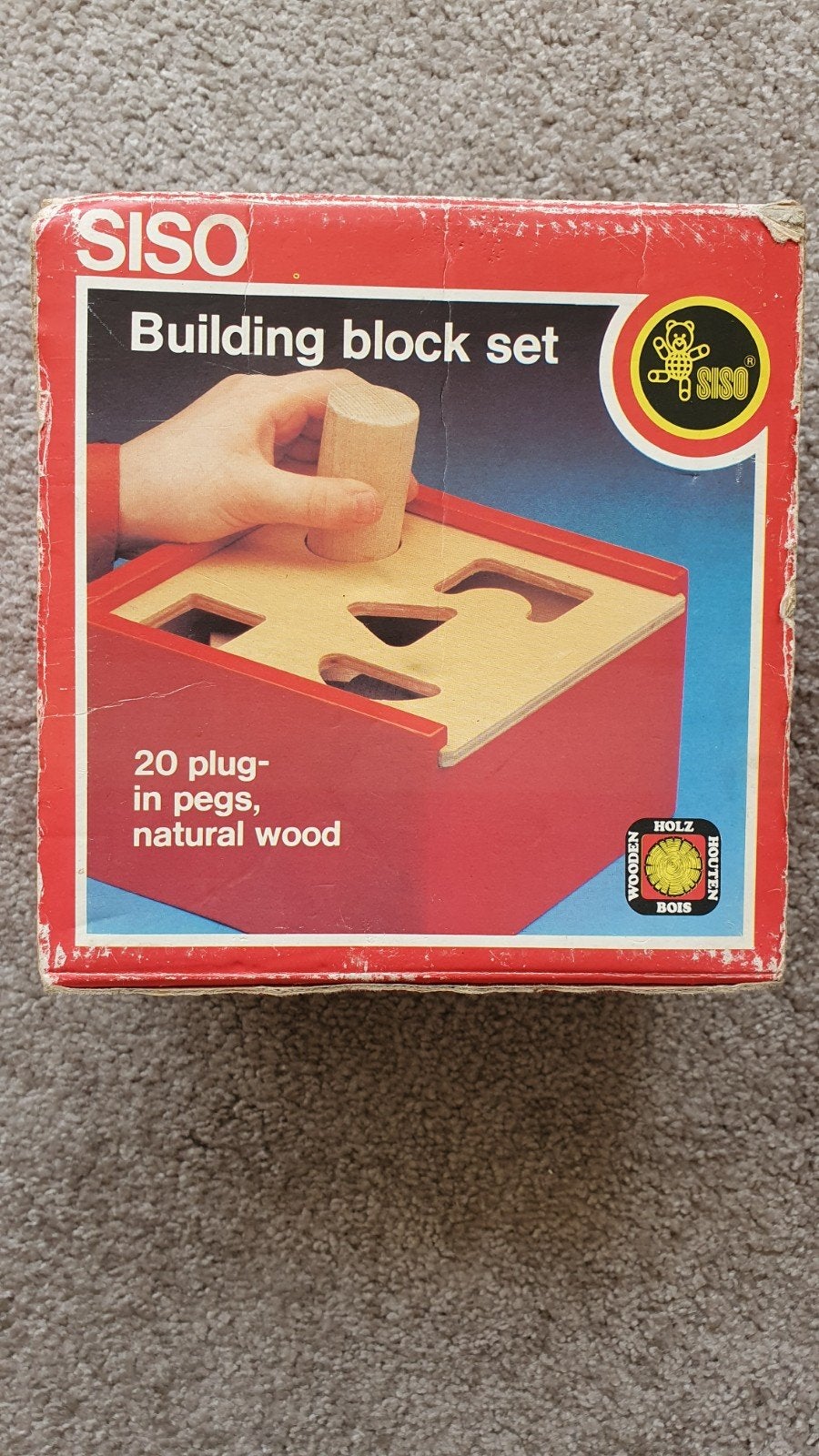 Steek-box-bouwkist met 20 bouwstenen uit natuurlijk hout, Antiek en Kunst, Ophalen of Verzenden