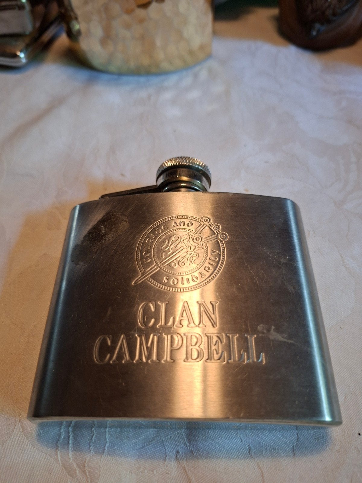 antiek zak drankflesje clan campbell wiskey 10 x 9 cm, Verzenden, Gebruikt, Gebruiksvoorwerp