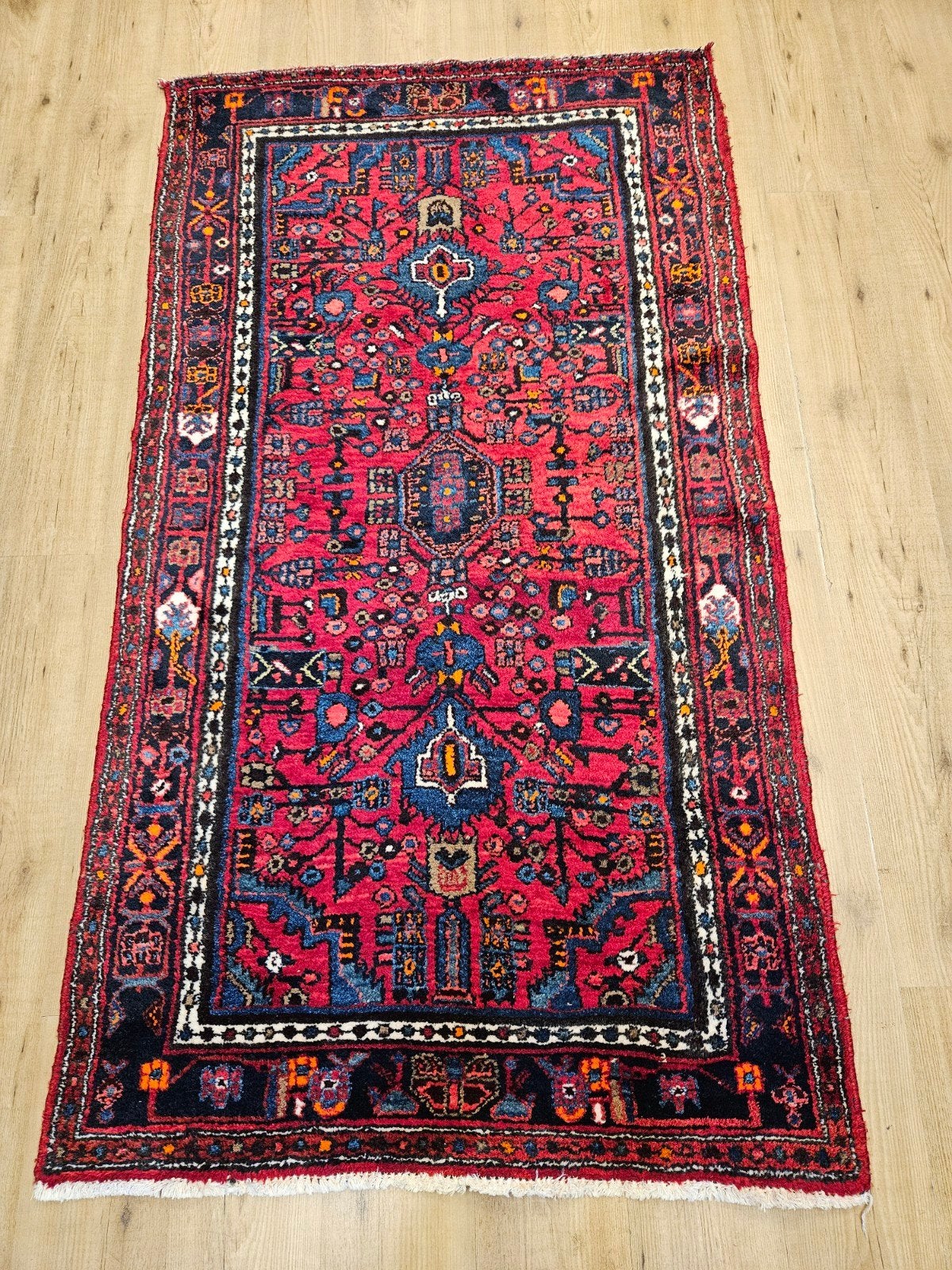 Handgeknoopt perzisch tapijt hamadan 196x105, Info@SlatsAntiek.nl, Tweedehands, 100 tot 150 cm, Perzisch
