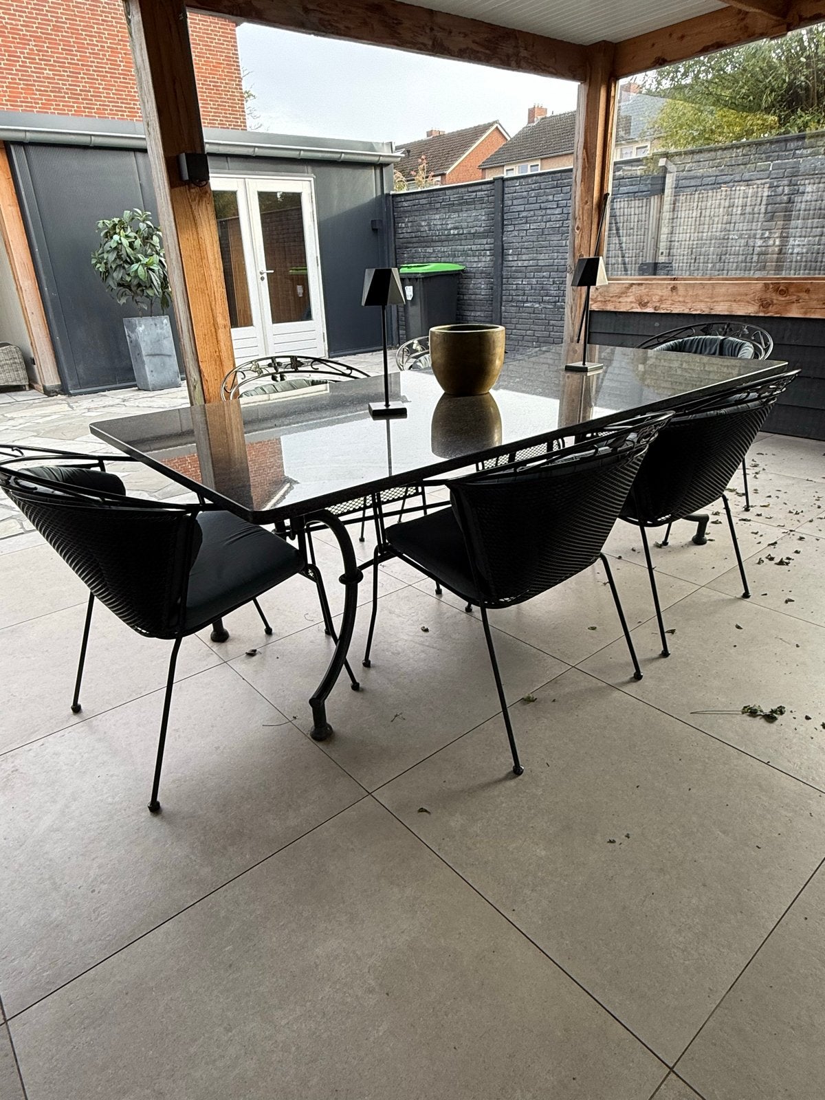 Grote tuintafel met granieten blad en 6 stoelen, Tuin en Terras, Ophalen of Verzenden, Gebruikt, Rechthoekig, Metaal