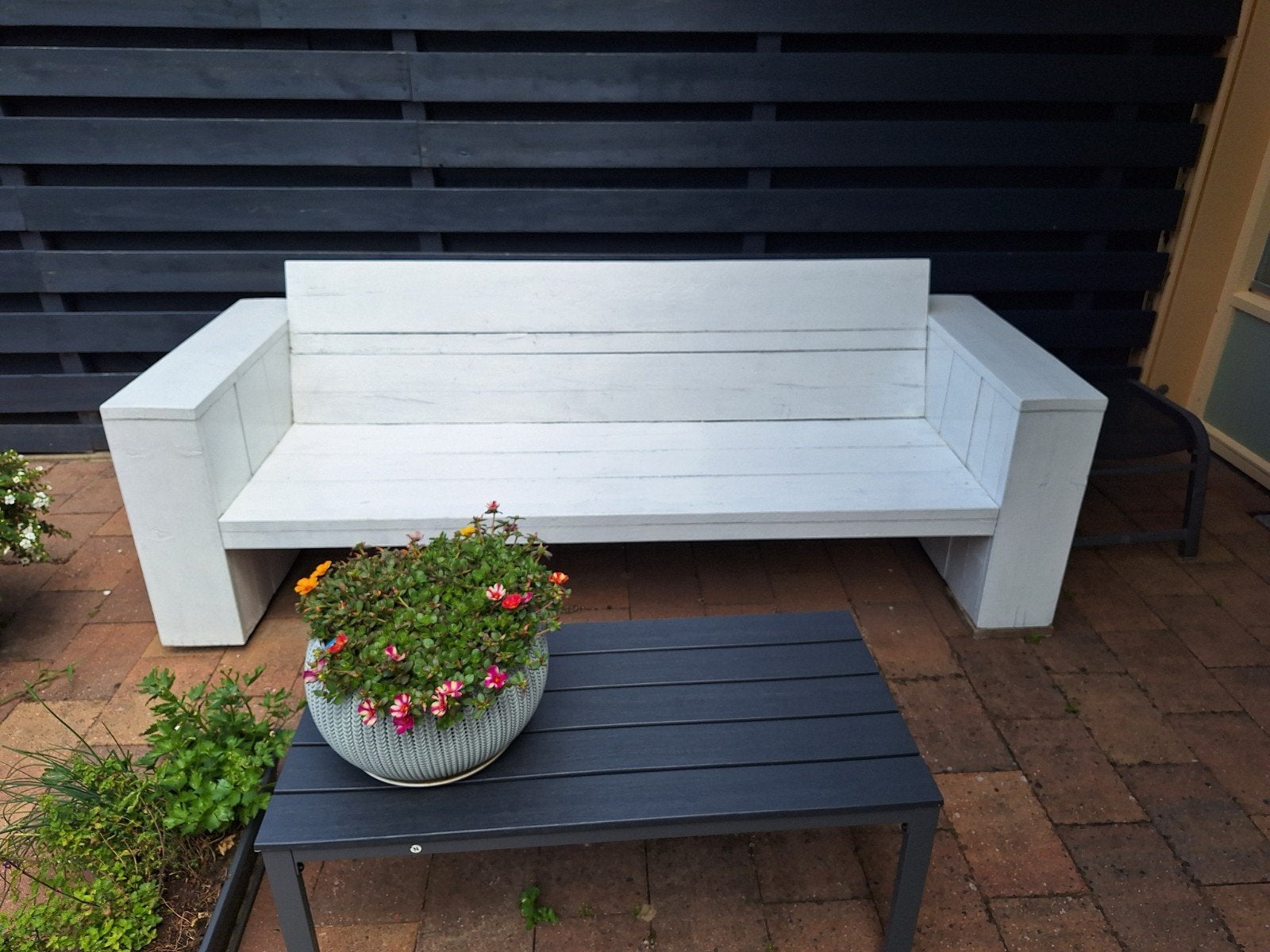 Steigerhouten bank met kussens, Ophalen, Hout