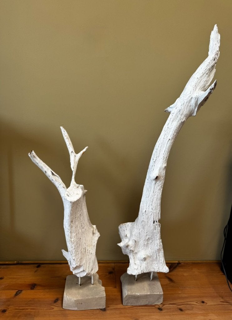Houten sculpturen decoratieve takken op stenen voet set wit, Antiek en Kunst, Overige typen, Ophalen of Verzenden, Europa, Beschilderd