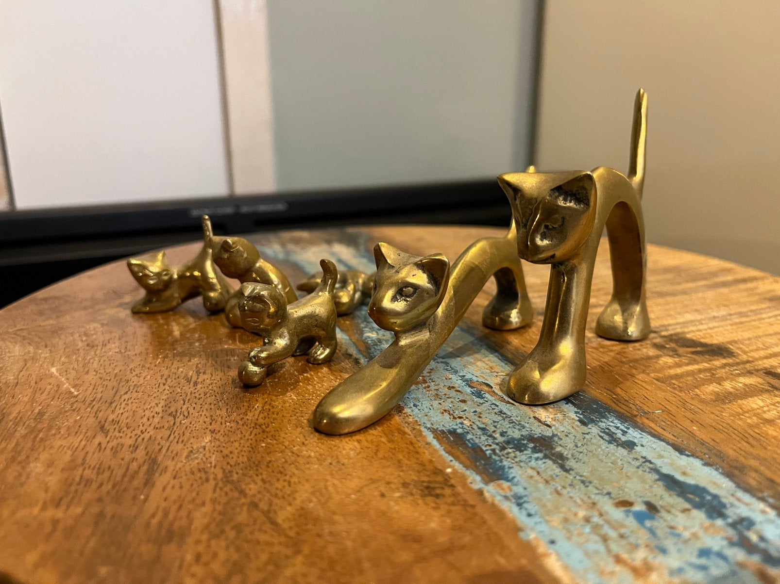 6 messing kattenbeeldjes, Antiek en Kunst, Antiek | Koper en Brons, Ophalen of Verzenden, Koper