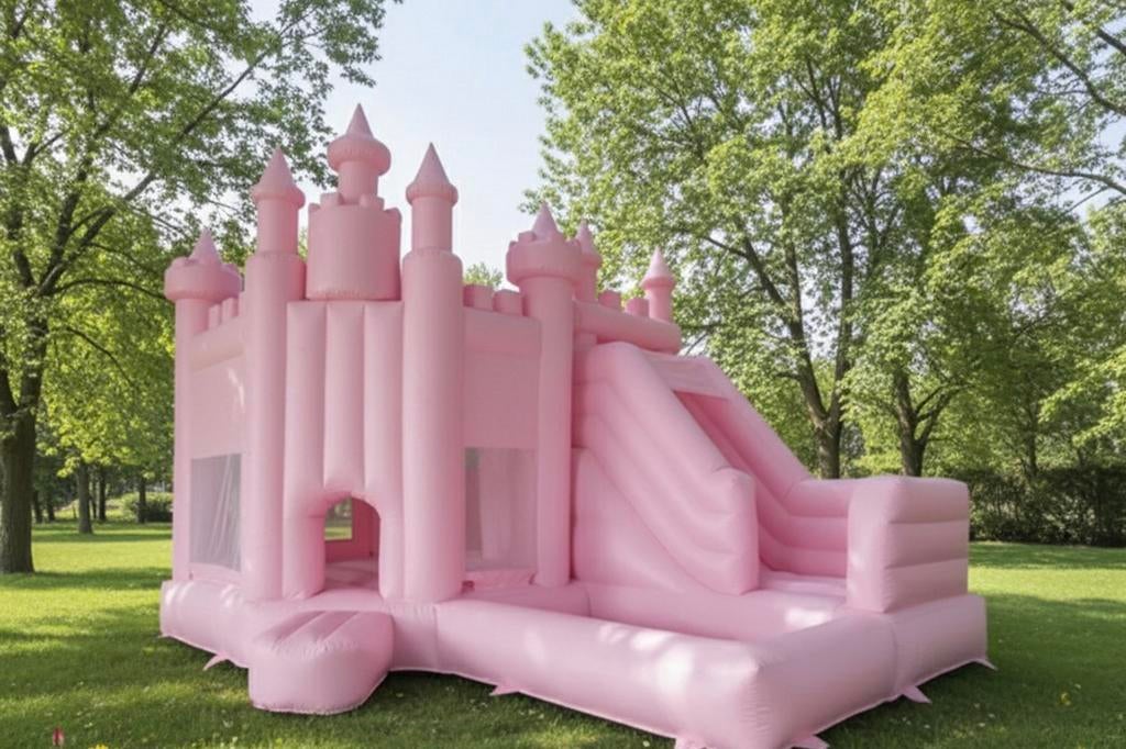 Uniek roze springkasteel inhuren, pastel roze, Verzenden, Zo goed als nieuw, Overige