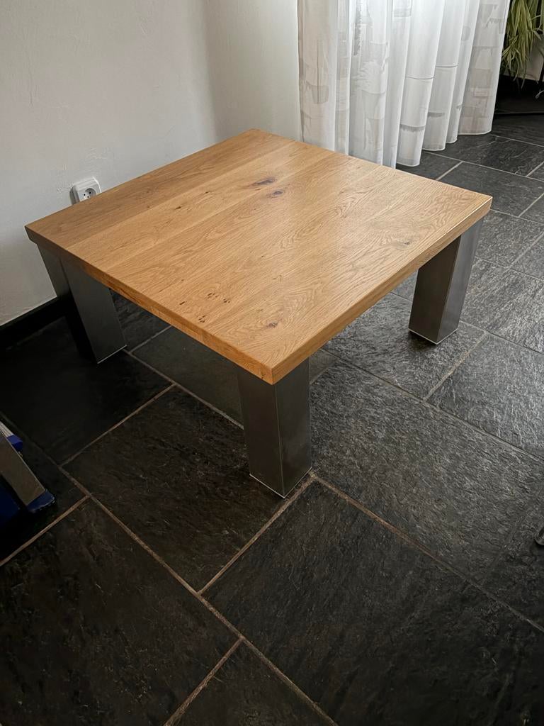 Massief eiken salontafel met rvs poten 80x80 cm, Ophalen, 50 tot 100 cm, 50 tot 100 cm, Zo goed als nieuw