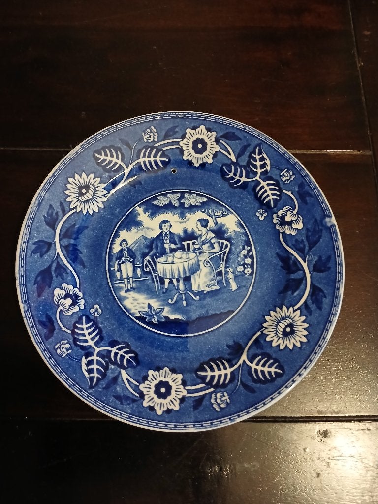 Antiek blauw bord met tafereel,Tea drinker, Antiek en Kunst, Ophalen of Verzenden