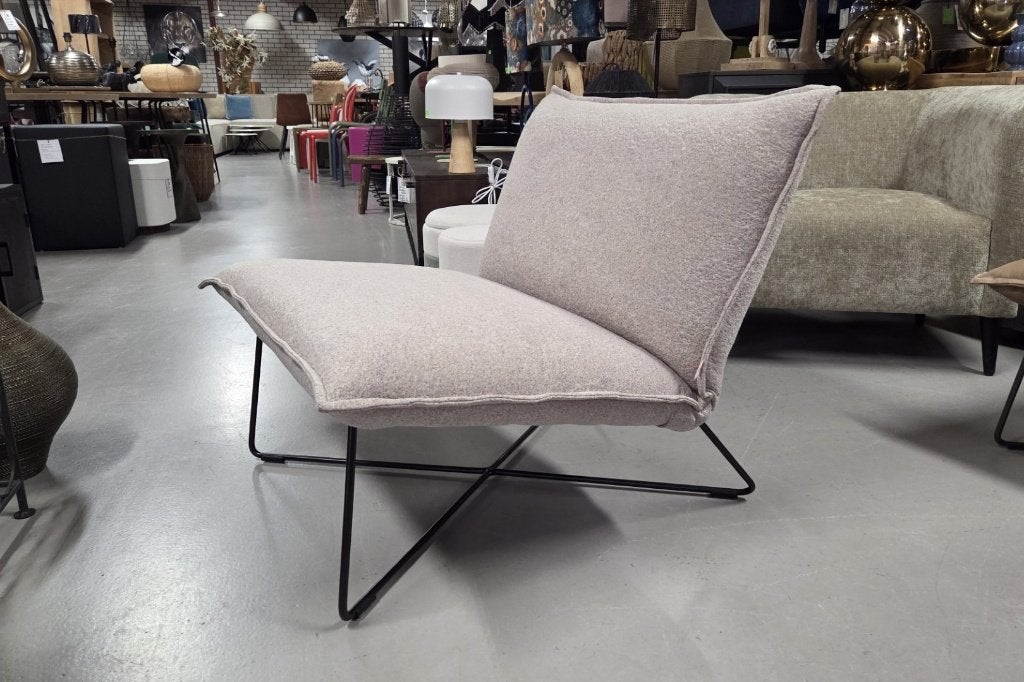 Luxe fauteuil EARL Jess design metaal zachte stof naturel, Huis en Inrichting, Ophalen, 75 tot 100 cm, Zo goed als nieuw, Metaal