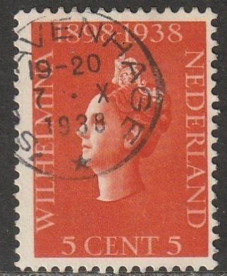Nederland 1938 311 Wilhelmina 5c, Gest Den Haag, Postzegels en Munten, Postzegels | Nederland, Ophalen of Verzenden, T/m 1940