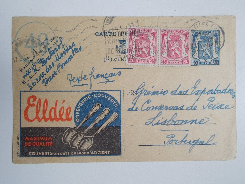 België, Postkaart Met Reclame Naar Lissabon 1945., Postzegels en Munten, Brieven en Enveloppen | België, Ophalen, Briefkaart