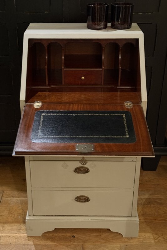 Vintage kleine secretaire, brocante dames bureau taupe VdlM, Ophalen, Zo goed als nieuw, Bureautje, kleine secretaire, brocante, petit, chique