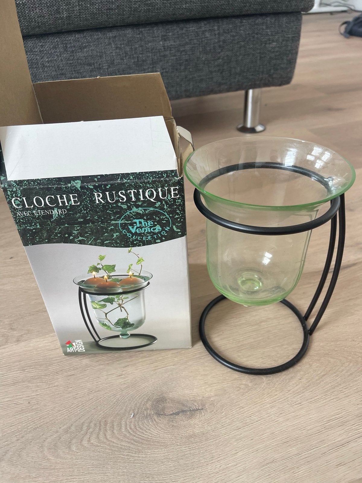 Glazen vaas met metalen standaard - Cloche Rustique, Met patroon/structuur, Transparant, Ophalen of Verzenden, Glas