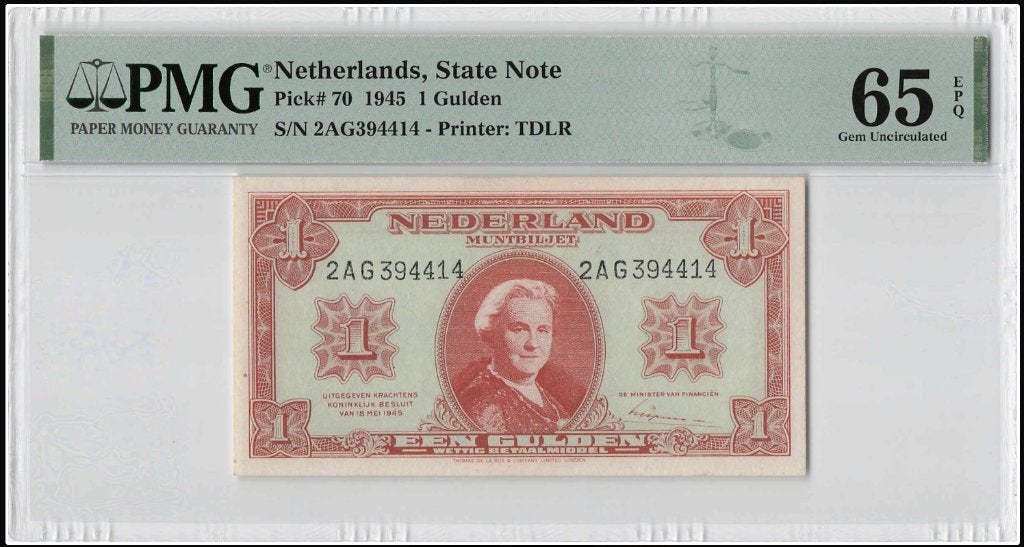 1 gulden 1945 Wilhelmina PMG 65 EPQ, Verzenden, 1 gulden