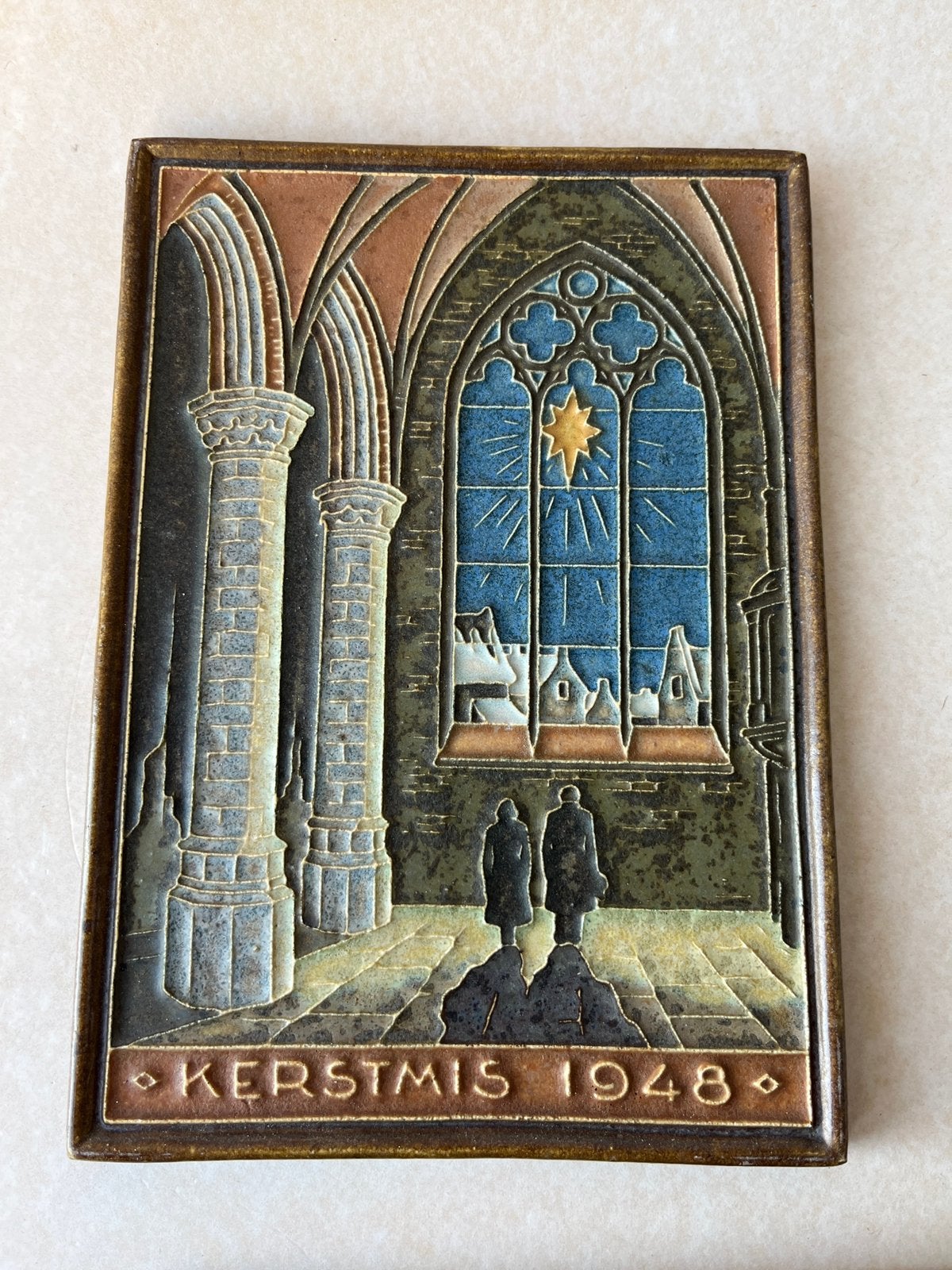 Porceleyne Fles Delft cloisonne tegel: Kerstmis 1948, Ophalen of Verzenden