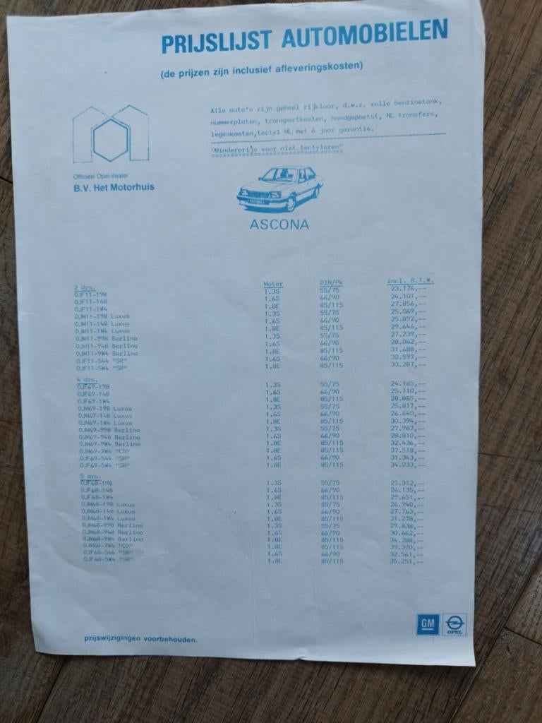 Opel Ascona Prijslijst 1984 - Origineel, Gelezen, Opel, Opel, Ophalen of Verzenden