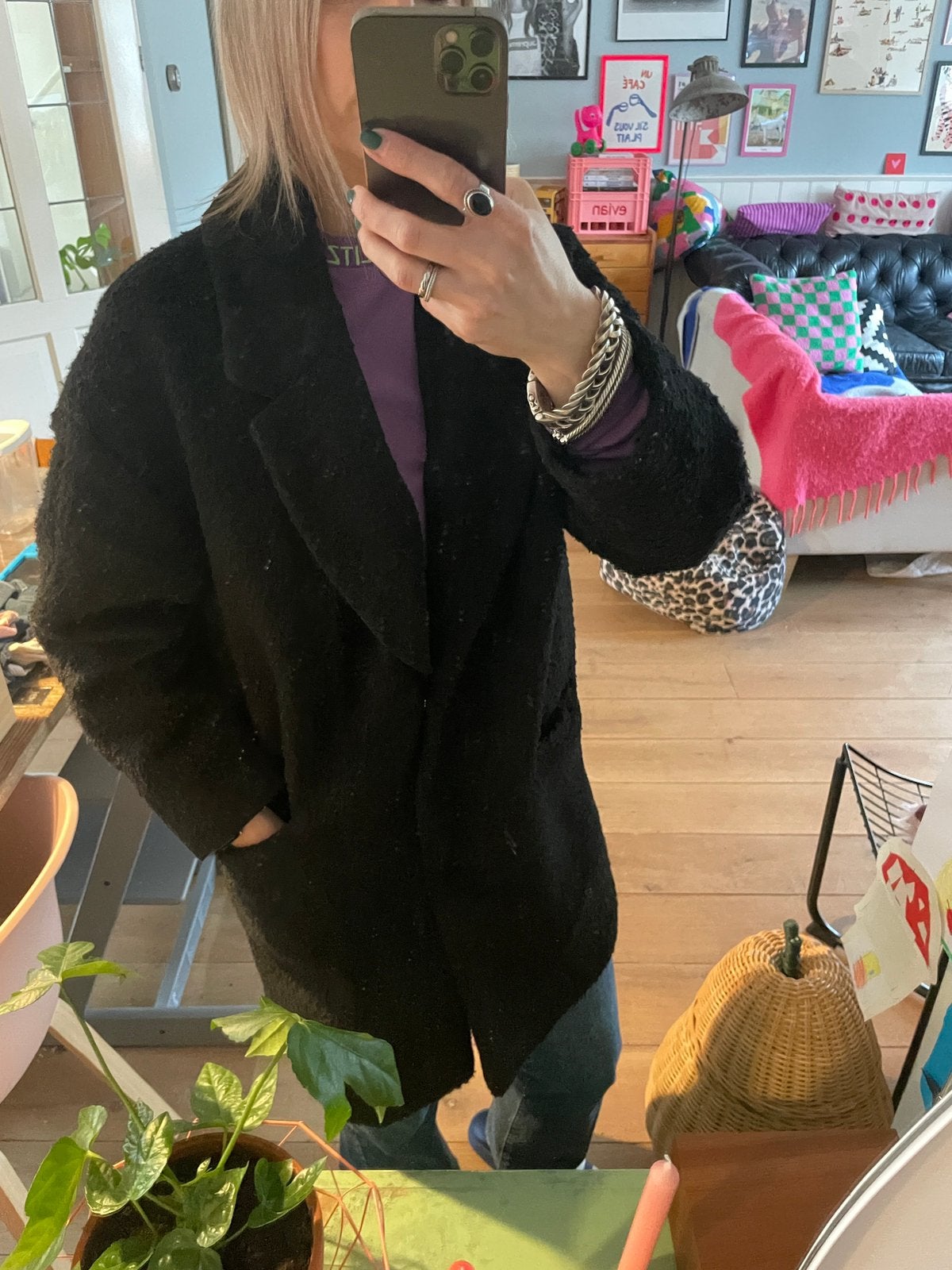 Zwarte lange mantel jas, Kleding | Dames, Ophalen of Verzenden, Gedragen, Zwart
