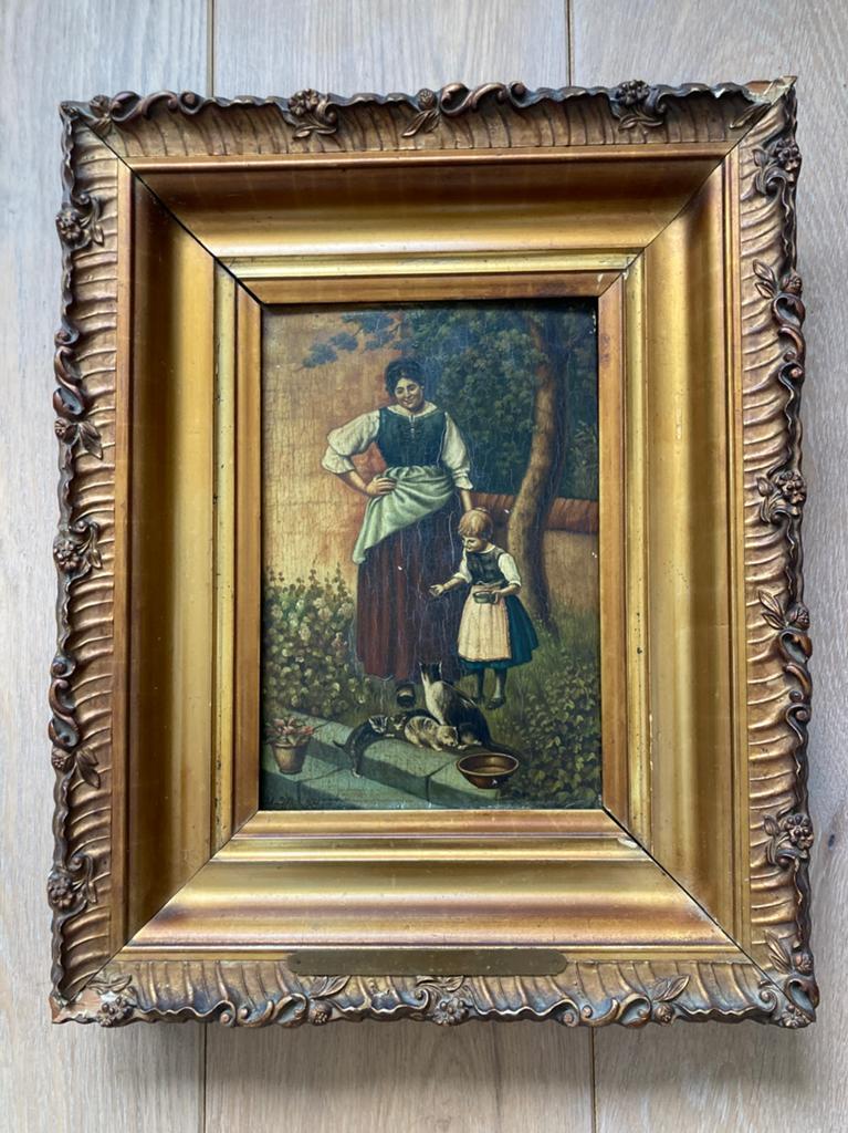 Olieverfschilderij: Vrouw, kind en poesjes, Antiek en Kunst, Ophalen of Verzenden