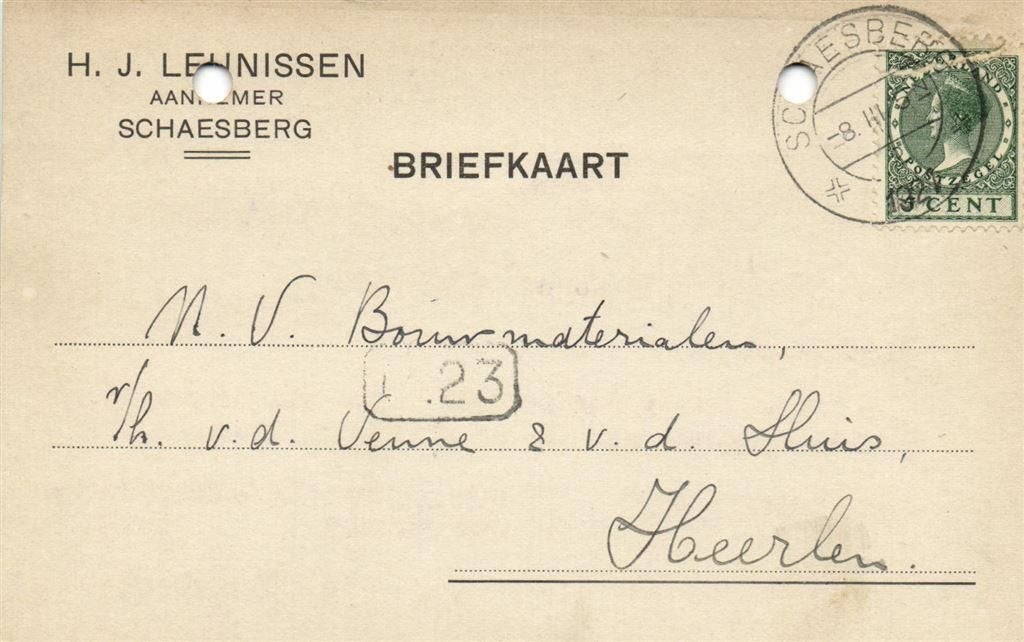 H.J. Leunissen, aannemer, Schaesberg - 03.1927 - briefkaart, Ophalen of Verzenden, Briefkaart