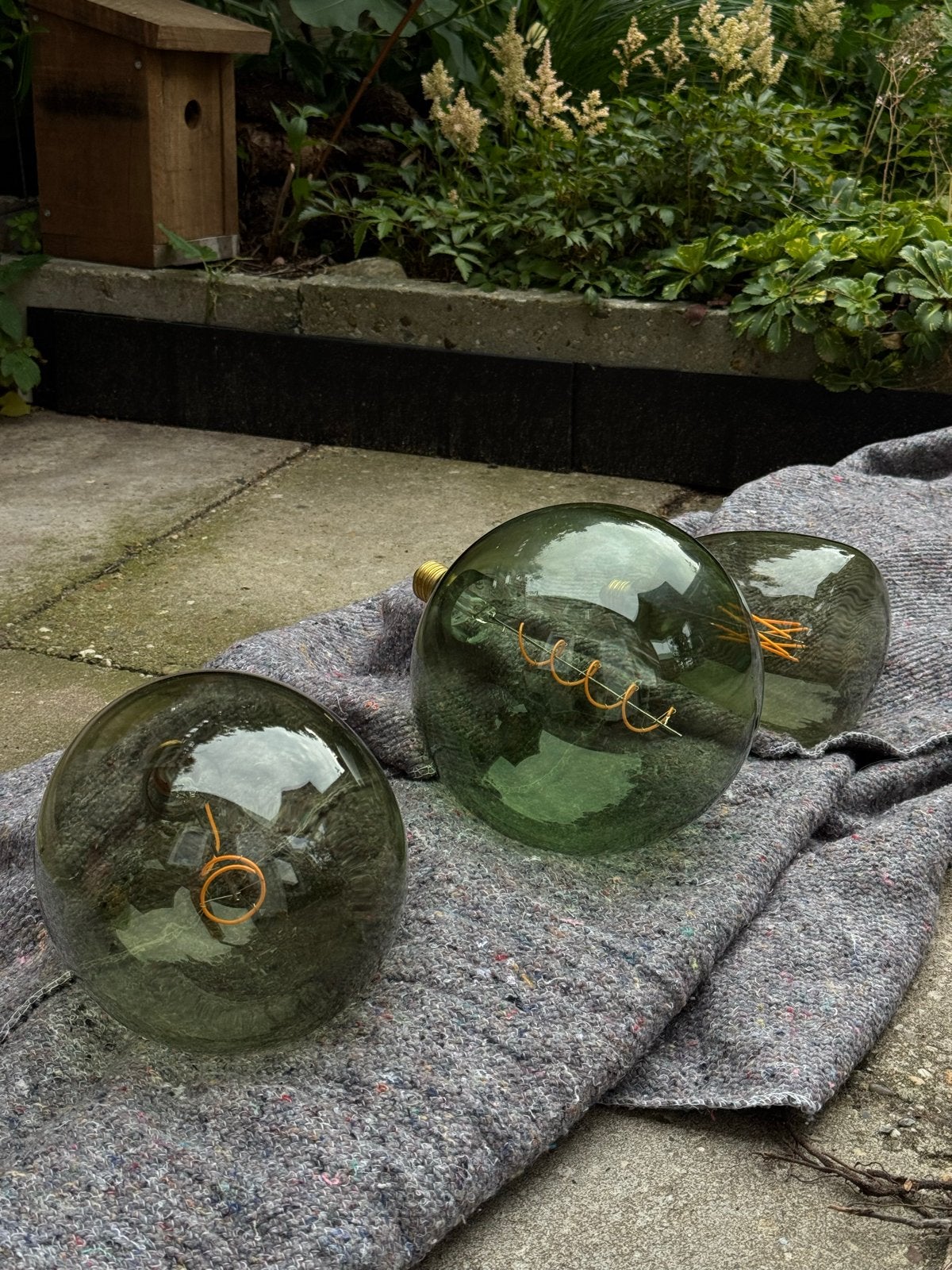 Set van 3 LED lampen, groen glas, E27 fitting, Ophalen, Gebruikt, Industrieel, Glas