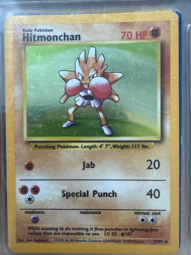 Hitmonchan Pokémon Kaart 7/102 Base Set 1999, Ophalen, Gebruikt, Losse kaart