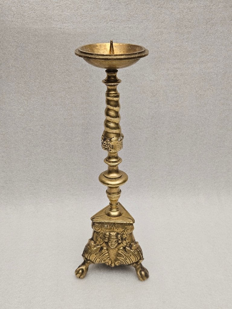 Antieke Altaarkandelaar met cherubijn- of engelenkopjes, Ophalen of Verzenden, Koper of Brons