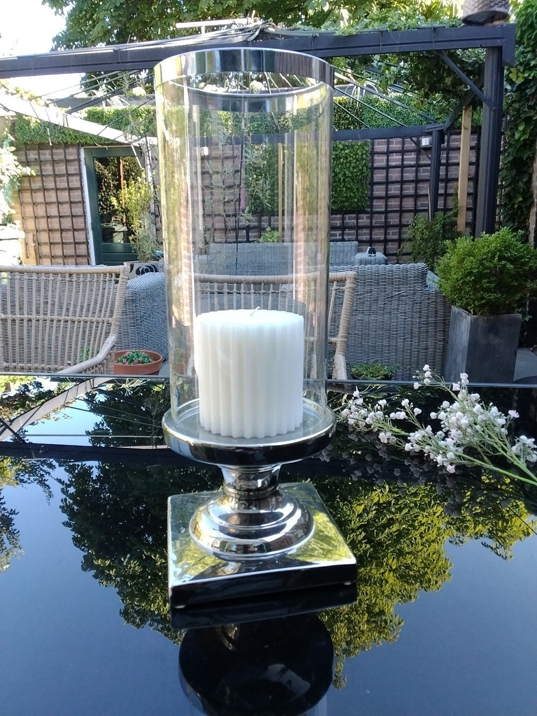 Mooie kandelaar met glazen stolp, hoogte 44 cm, Ophalen, Gebruikt, Overige merken, Glas
