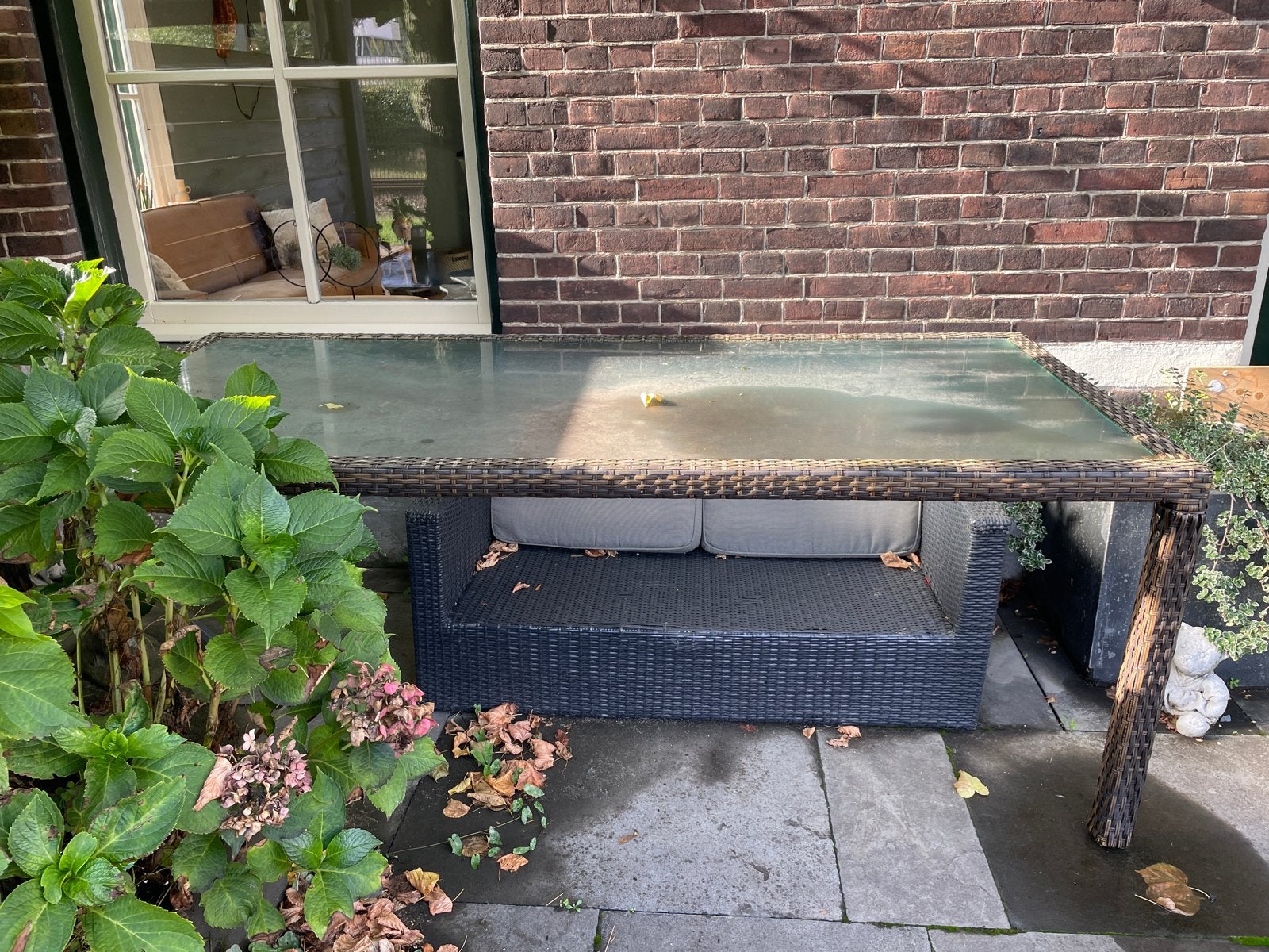 Wicker tuintafel met glazen blad, Ophalen, Gebruikt, Rechthoekig, Wicker