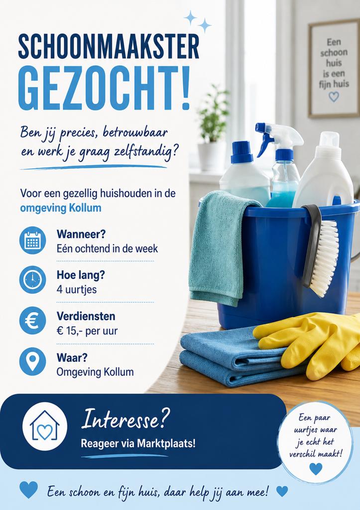 Schoonmaakster gezocht omgeving Kollum €15 pu, Overige niveaus, Overige vormen
