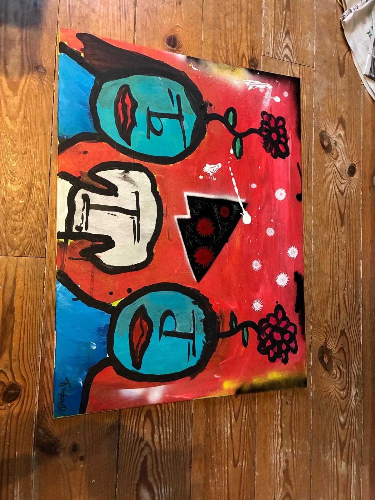Modern schilderij: Abstracte figuren met bloemen, Ophalen, Gesigneerd, Textiel, Figuren
