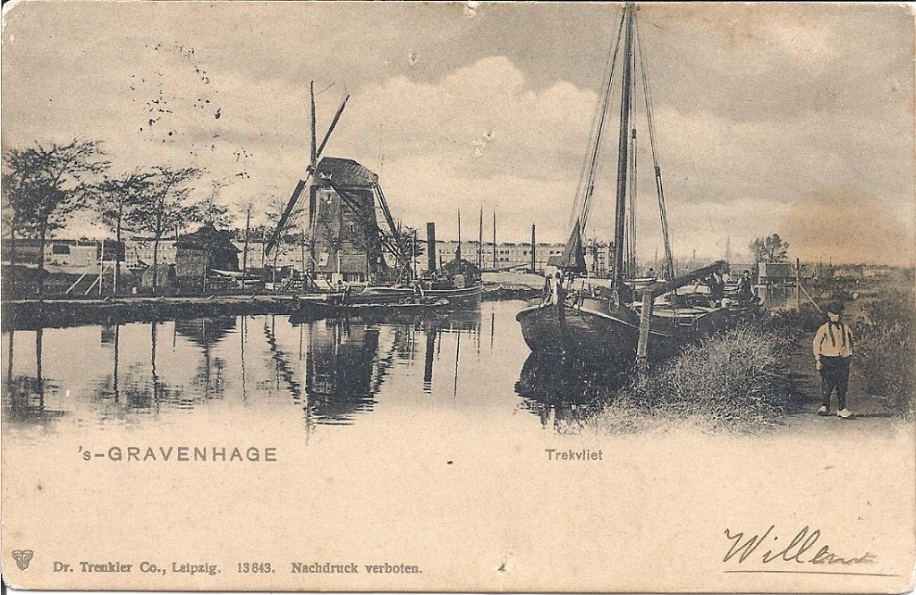 S,Gravenhage Trekvliet met boten en Molen en jongetje 1903, Verzenden, Voor 1920, Gelopen, Zuid-Holland