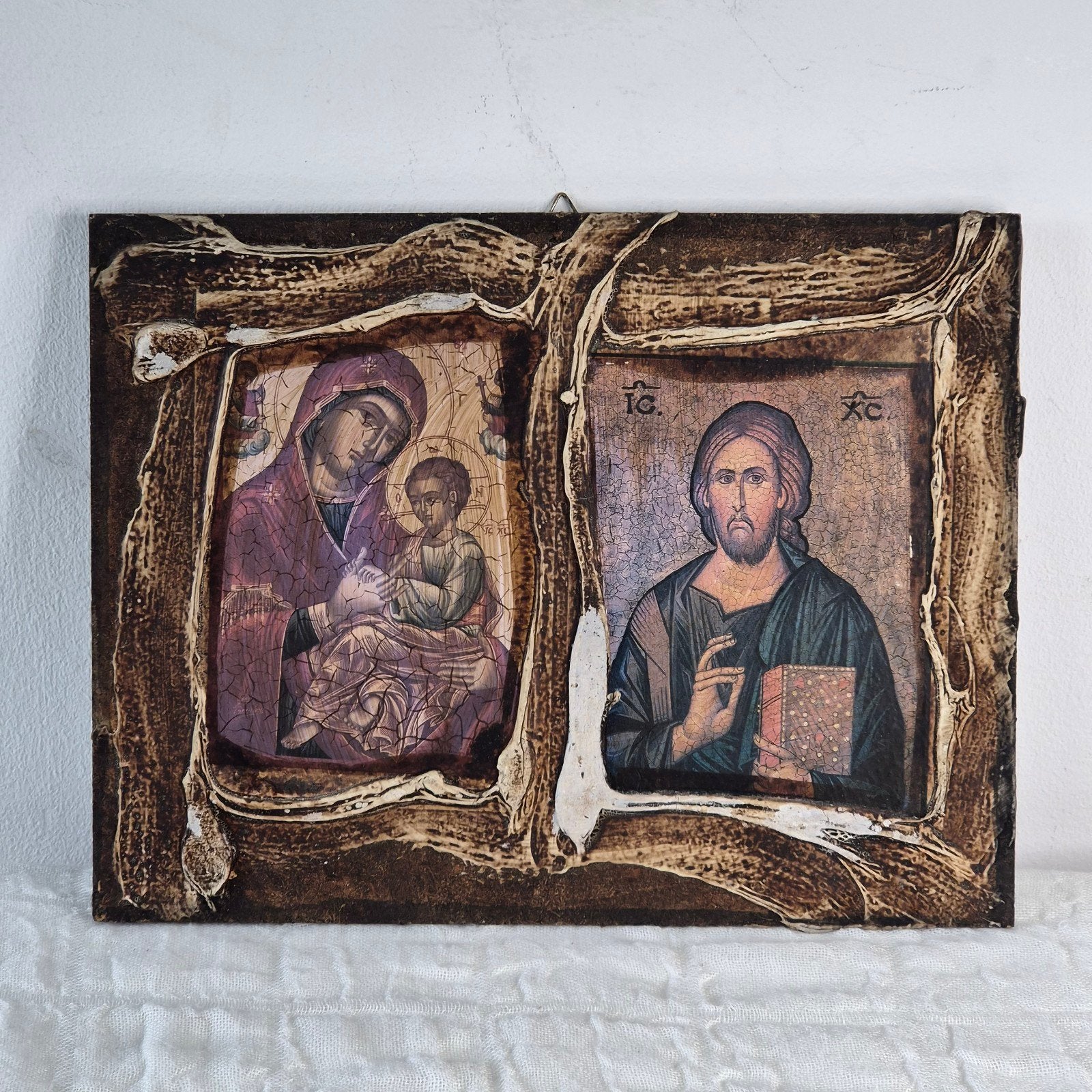 Dubbel icoon Orthodoxe Moeder Gods Christus Pantocrator hout, Antiek en Kunst, Antiek | Religie, Ophalen of Verzenden