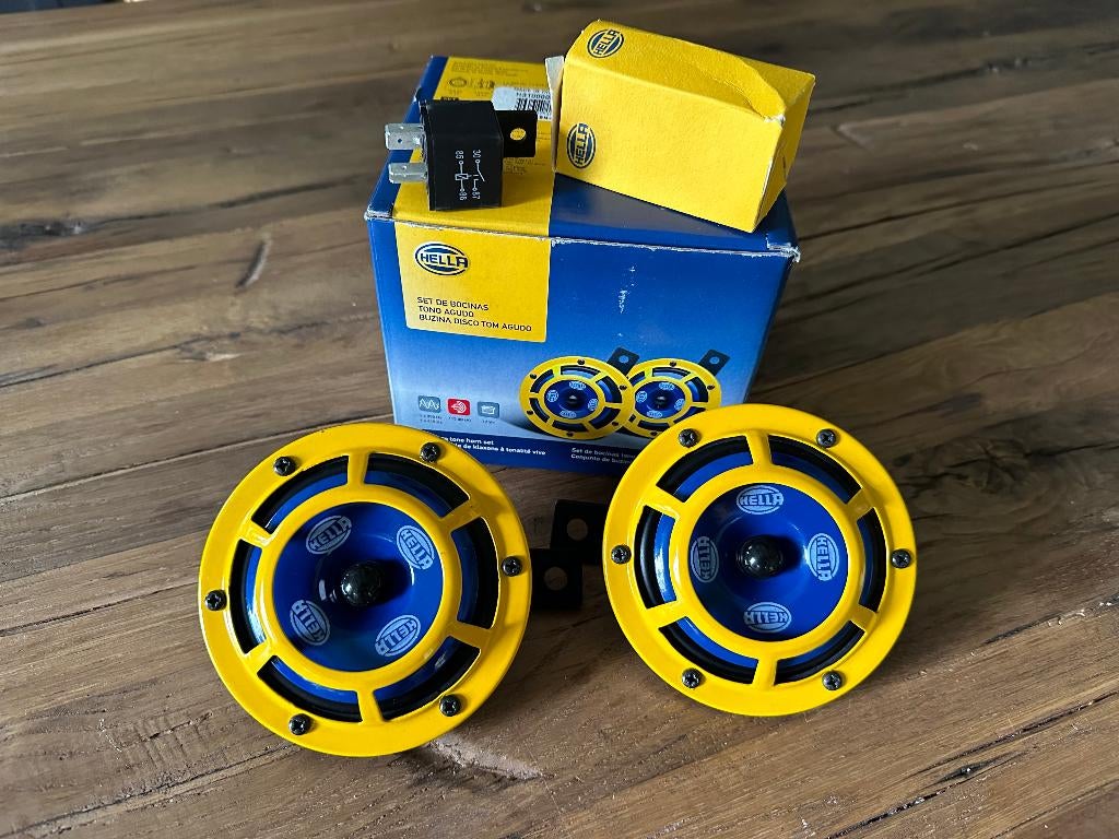 Hella Sharptone Claxon set geel blauw, Ophalen of Verzenden