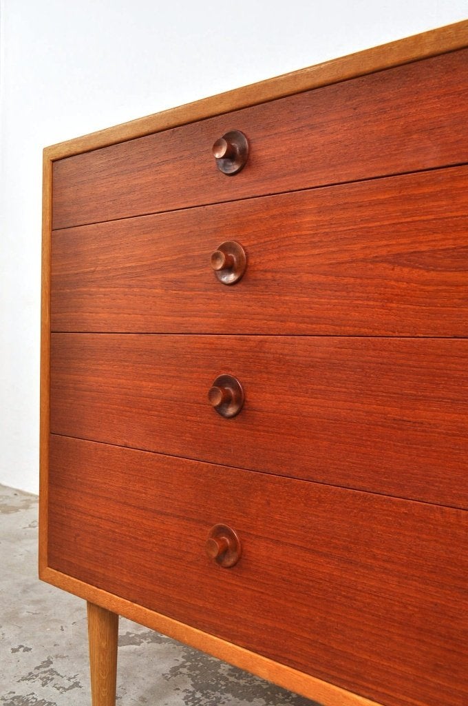 Vintage Deense ladekast teak eiken Børge Mogensen jaren 50, Gebruikt, 3 of 4 laden, Minder dan 100 cm, 25 tot 50 cm