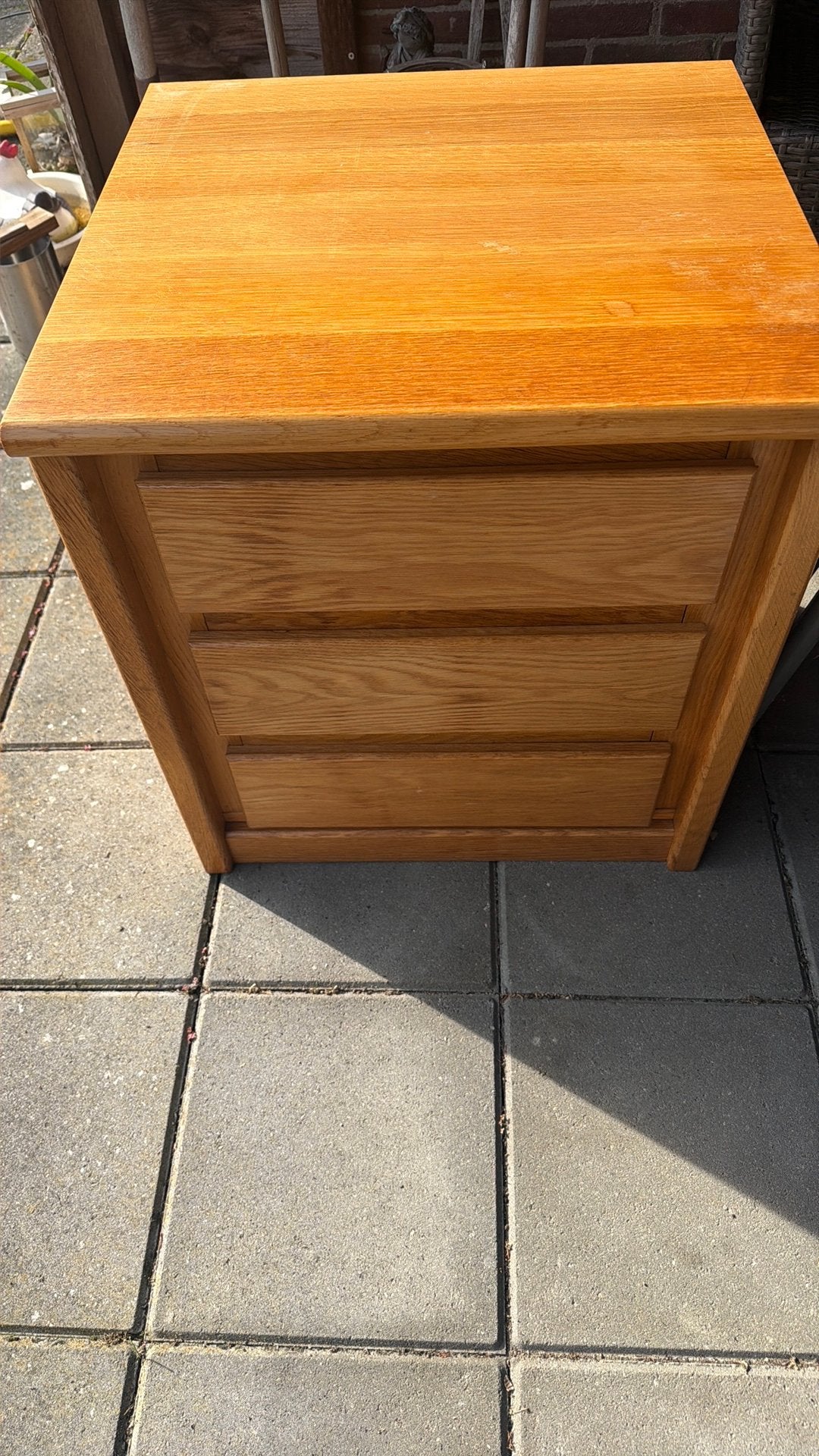 Blank massief eiken nachtkastje, Ophalen, Gebruikt, 55 tot 70 cm, 45 tot 65 cm