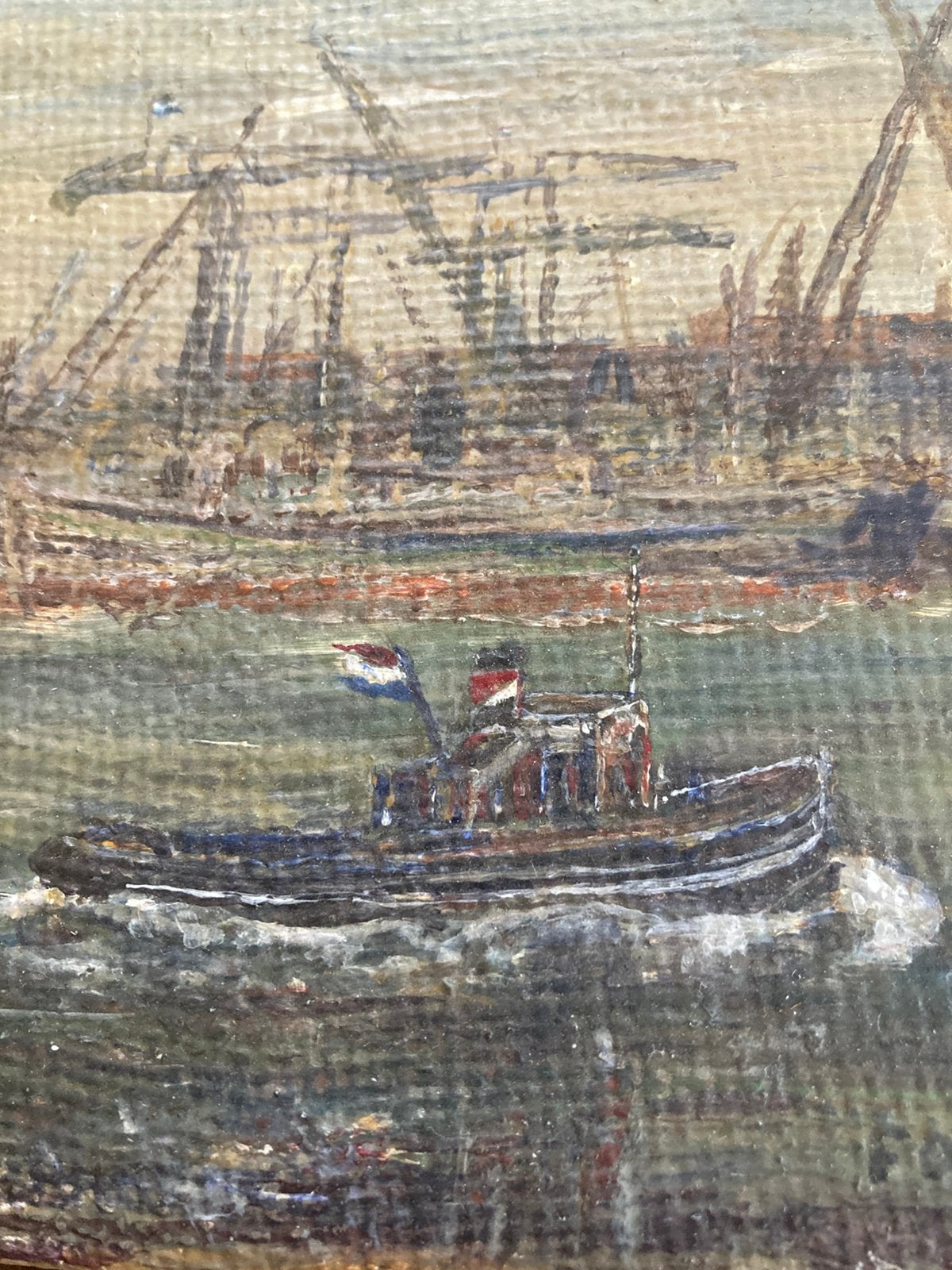 Schilderij Haven Sleepboot Folkert Boersma Olieverf spieraam, Ophalen