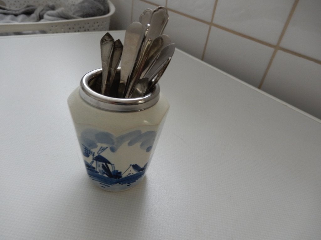 Lepelvaasje Delfts blauw,  met lepeltjes,gemerkt, Ophalen of Verzenden