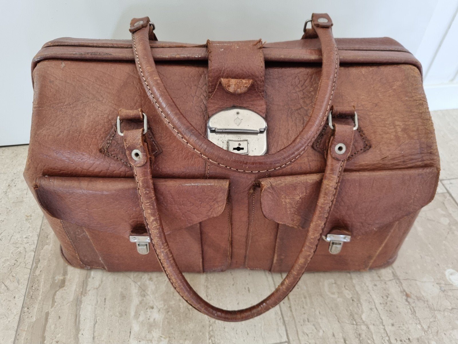 Antiek brocante vintage bruin leren dokterstas reistas, Ophalen of Verzenden