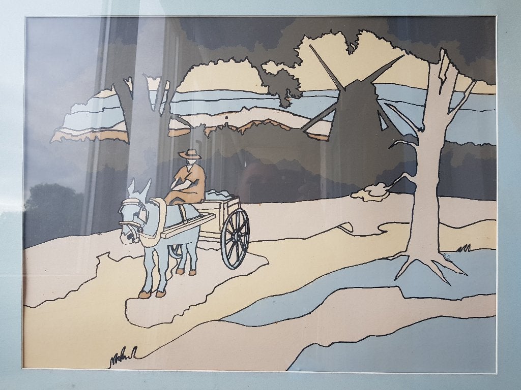 Ezel met kar prachtige oude ingelijste Engelse zeefdruk., Antiek en Kunst, Ingelijst, Ophalen, Dieren en Natuur, Zeefdruk