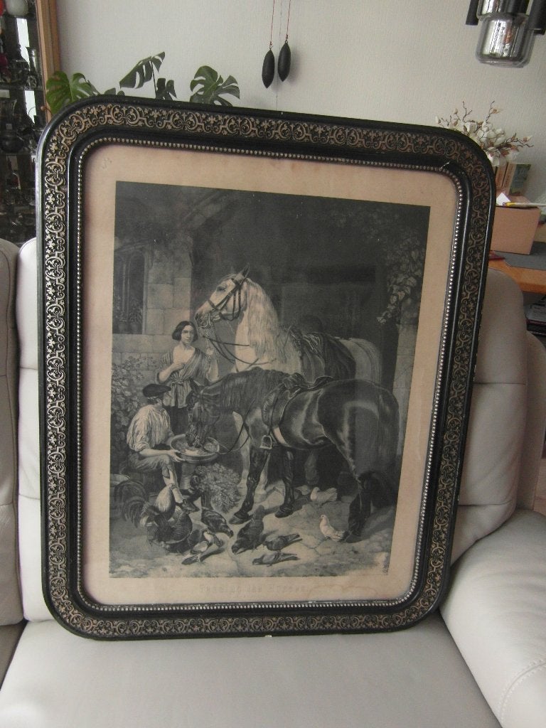 Antieke ingelijste prent: Man, vrouw, paarden en pluimvee, Overige technieken, Dieren, Ophalen of Verzenden, Klassiek