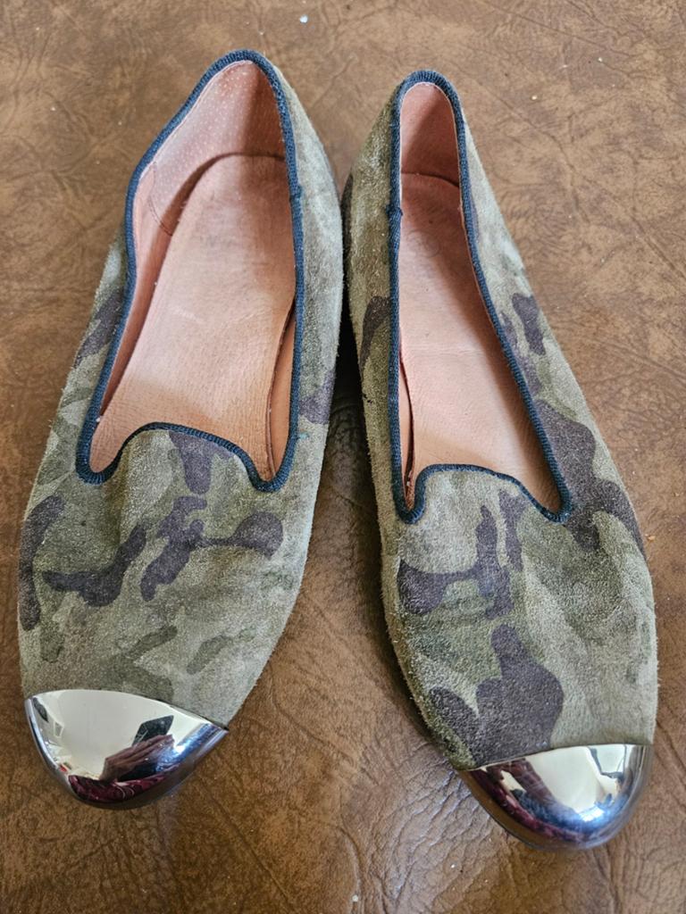 Ballerina's met camouflageprint en metallic neus - Maat 36, H&M, Gedragen, Groen, Ballerina's