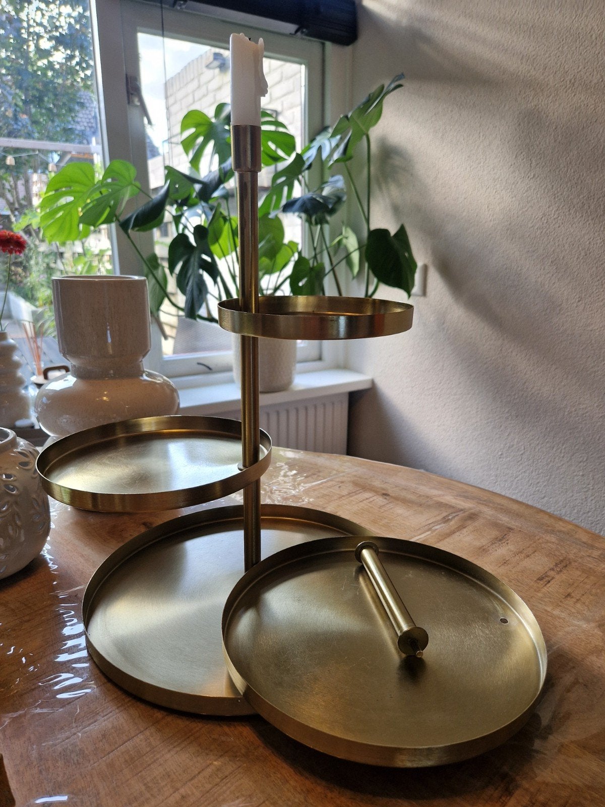 Diverse Woonaccessoires: Etagère, Windlicht, Dienblad, Ophalen of Verzenden, Zo goed als nieuw, Goud, Metaal