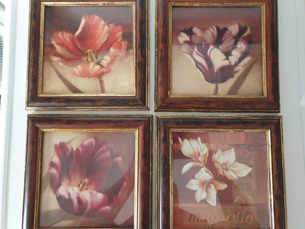 4 schilderijtjes - Bloem afbeelding - Hout (look) rand, Huis en Inrichting, Woonaccessoires | Schilderijen, Tekeningen en Foto's