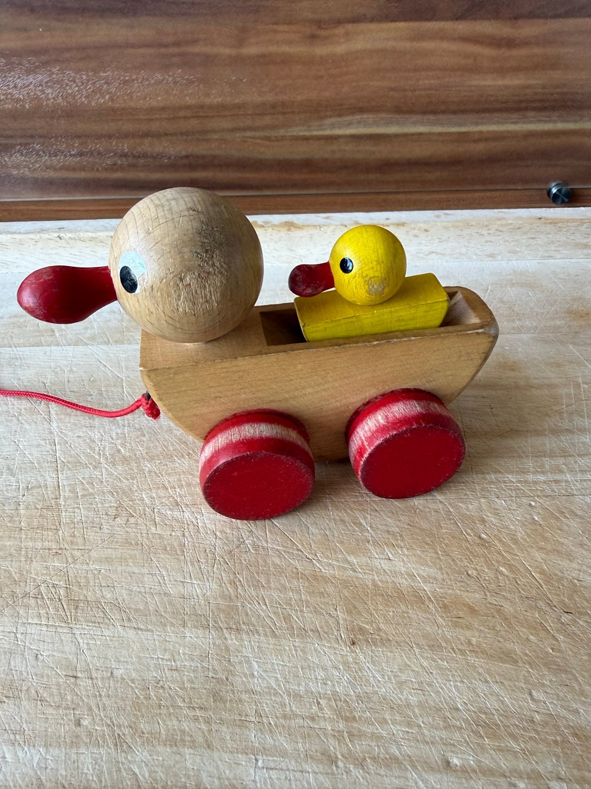 Houten trek-eend met kuiken - Vintage speelgoed, Ophalen of Verzenden, Gebruikt, Duw- of Trekspeelgoed