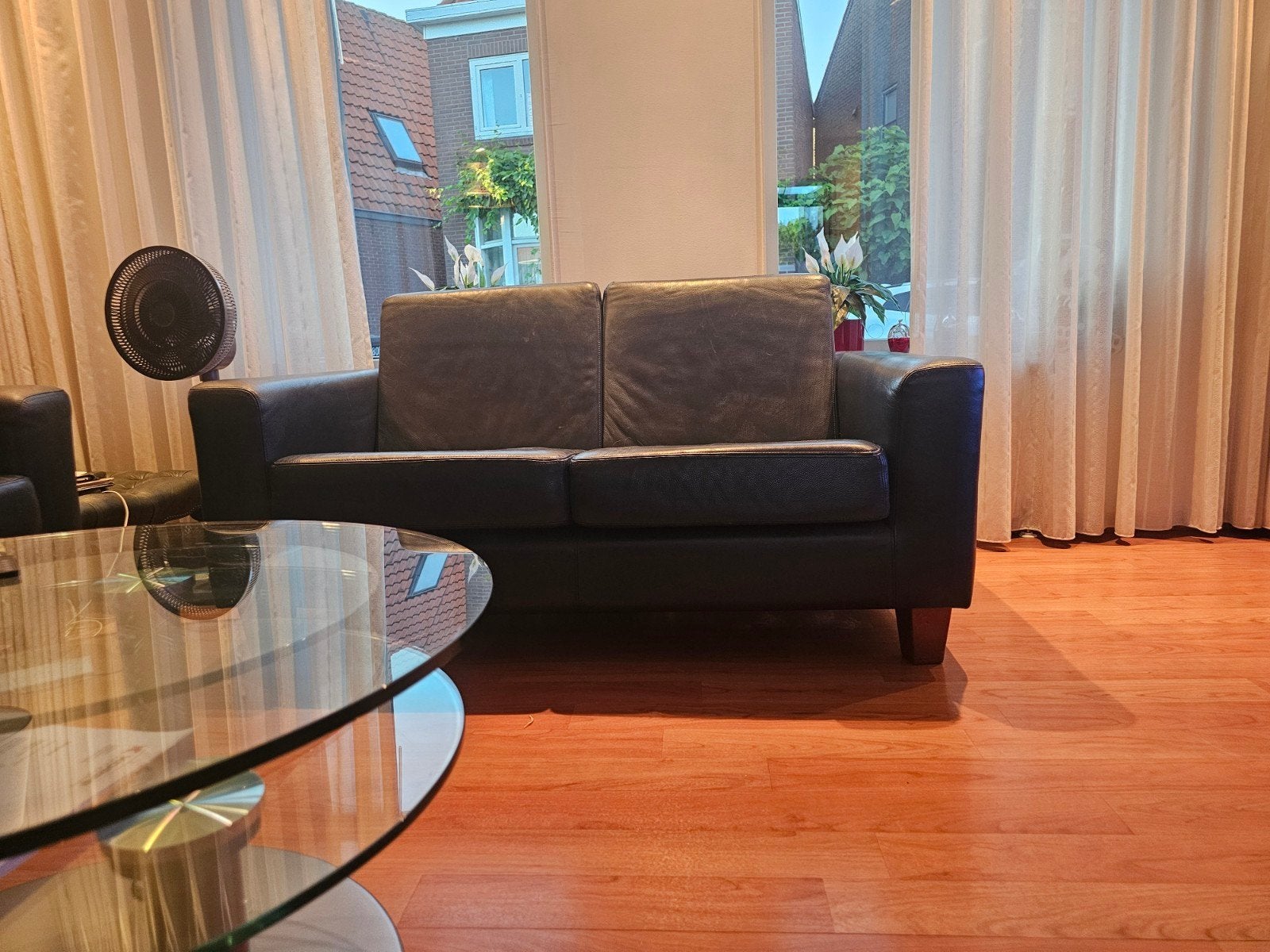 Comfortabel vijfpersoons bankstel - Donkerblauw leer, Huis en Inrichting, Gebruikt, 150 tot 200 cm, Tweepersoons, Ophalen of Verzenden