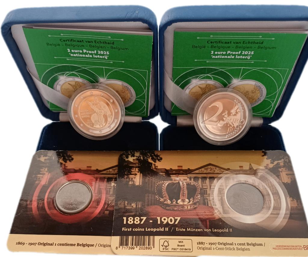 BELGIE: 2 x € 2 PP Nationale Loterij + 2 Coincard Leopold II, Verzenden, België, Overige waardes, Setje
