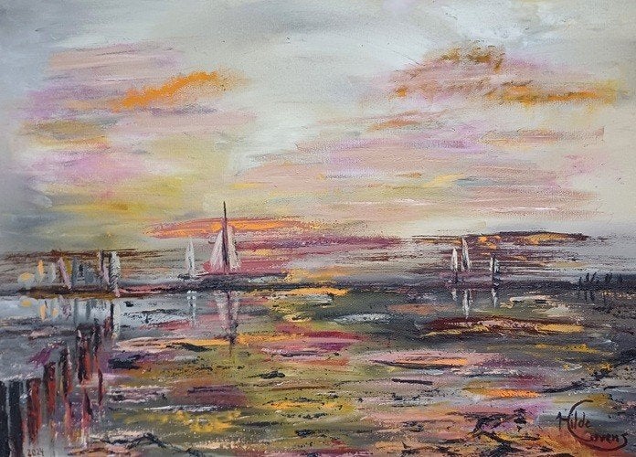 Kunsthandel Gennep - "Zeegezicht Bij Avondzon", Antiek en Kunst, Ophalen of Verzenden